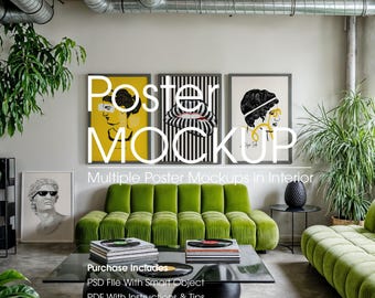 Mockup galerii ściennej: 4 ramki na plakaty, mockup grafiki PSD (pobieranie cyfrowe, 2048x2048px), format DIN A