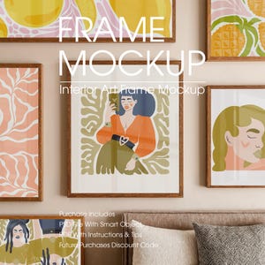 May include: A mockup of a framed illustration of a woman holding a phone. The frame is brown wood and the illustration is in a modern style with a green, orange, and pink color scheme. The text "FRAME MOCKUP" is in white letters on a black background. The text "Interior Art Frame Mockup" is in black letters on a white background. The text "Purchase Includes", "PSD File With Smart Object", "PDF With Instructions & Tips", and "Future Purchases Discount Code" is in black letters on a white background.
