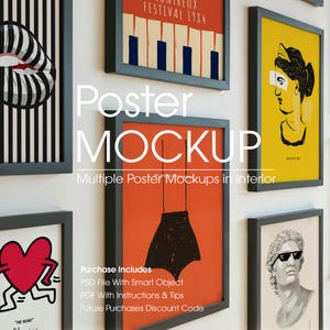 Peut inclure: Plusieurs impressions d'art encadrées avec divers motifs, dont un cœur rouge et noir, un motif de lèvres noir et blanc et un portrait jaune. Le texte "Poster MOCKUP" est affiché, ainsi que "Multiple Poster Mockups in Interior".
