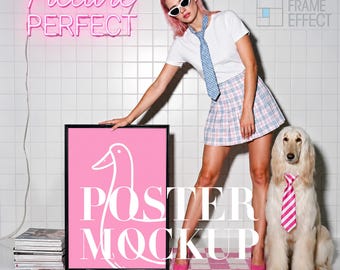 Poster Mockup With Person, Trendy, Editorial Frame Mockup, Digital Template (PSD)