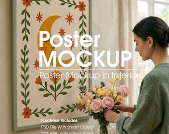 Poster Frame Mockup With Person Arrangin Flowes, Close up Mockup (PSD)