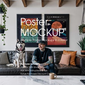 Poster Frame Mockup With Person, Artwork Frame Mockup With Person, Wall Art Mockup With Person, Multiple Artwork Mockup, A4 PSD Frame Mockup