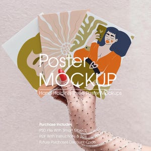 May include: Three poster mockups are held in a hand with a red painted nail. The posters have illustrations of women and floral designs. The text "Poster MOCKUP" is displayed on the posters. The image also includes text about the purchase.