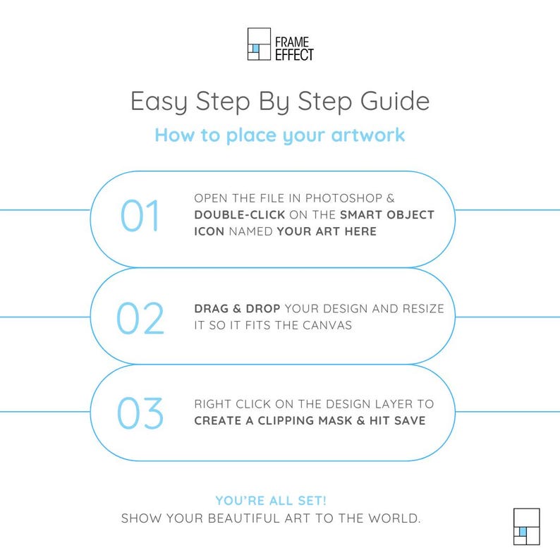 May include: A three-step guide on how to place artwork in Photoshop. The steps are: 1. Open the file in Photoshop and double-click on the smart object icon named "Your Art Here". 2. Drag and drop your design and resize it so it fits the canvas. 3. Right click on the design layer to create a clipping mask and hit save.