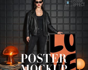 Frame Mockup With Person, Bold, Editiorial Poster Mockup, Digital Template (PSD)