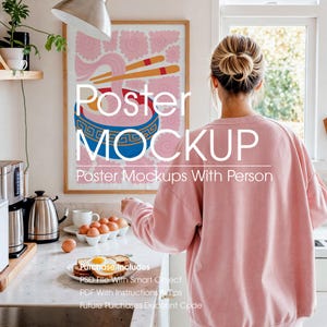 Wall Art Frame Mockup With Person, Modern Poster Frame Mockup,Artwork Frame Mockup With Person, Vertical Artwork Mockup, A4 PSD Frame Mockup