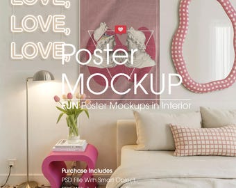 May include: A bedroom interior with a poster mockup featuring a pink heart design and two statues. The words "LOVE" are displayed in neon lights. A pink side table holds books and flowers, and a pink mirror hangs on the wall. The text "Poster Mockup" is visible.