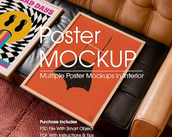 May include: Two framed posters with the text "NO BAD DAYS" and "Poster MOCKUP" are displayed on a leather couch. The posters have colorful and graphic designs. The image also includes text that says "Multiple Poster Mockups in Interior".