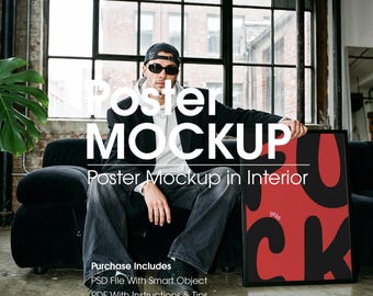 Frame Mockup With Person, Industrial Style Mockup, Digital Template (PSD)