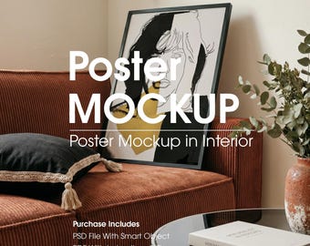 Poster Frame Mockup Leaning Against Sofa, Wall Art Mockup Digital Download (PSD)