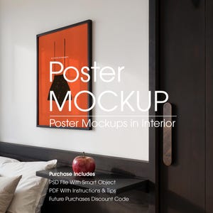 Contemporary Poster Frame Mockup in Bedroom, Artwork Frame Mockup, Art Print Mockup, Wall Mockup, Framed Poster Mockup, Photo Frame Mockup
