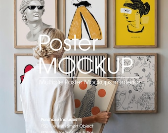 Gallery Wall 6 Frame Mockup, Multiple Poster Mockup with Person (PSD)