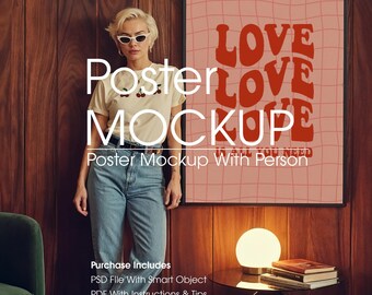 Retro Poster Frame Mockup With Person, Realistic Art Mockup