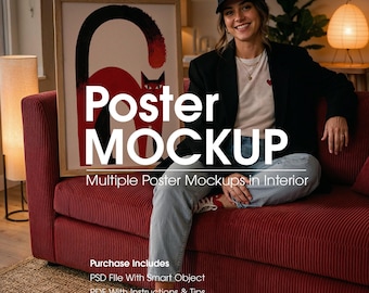 Frame Mockup With Person, Poster Frame Digital Template (PSD)