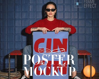 Frame Mockup With Person, Bold, Editiorial Poster Mockup, Digital Template (PSD)