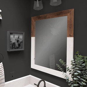 DRAKESTONE | 24x31 Two Toned Farmhouse Vanity Mirror | White Wash and Walnut
