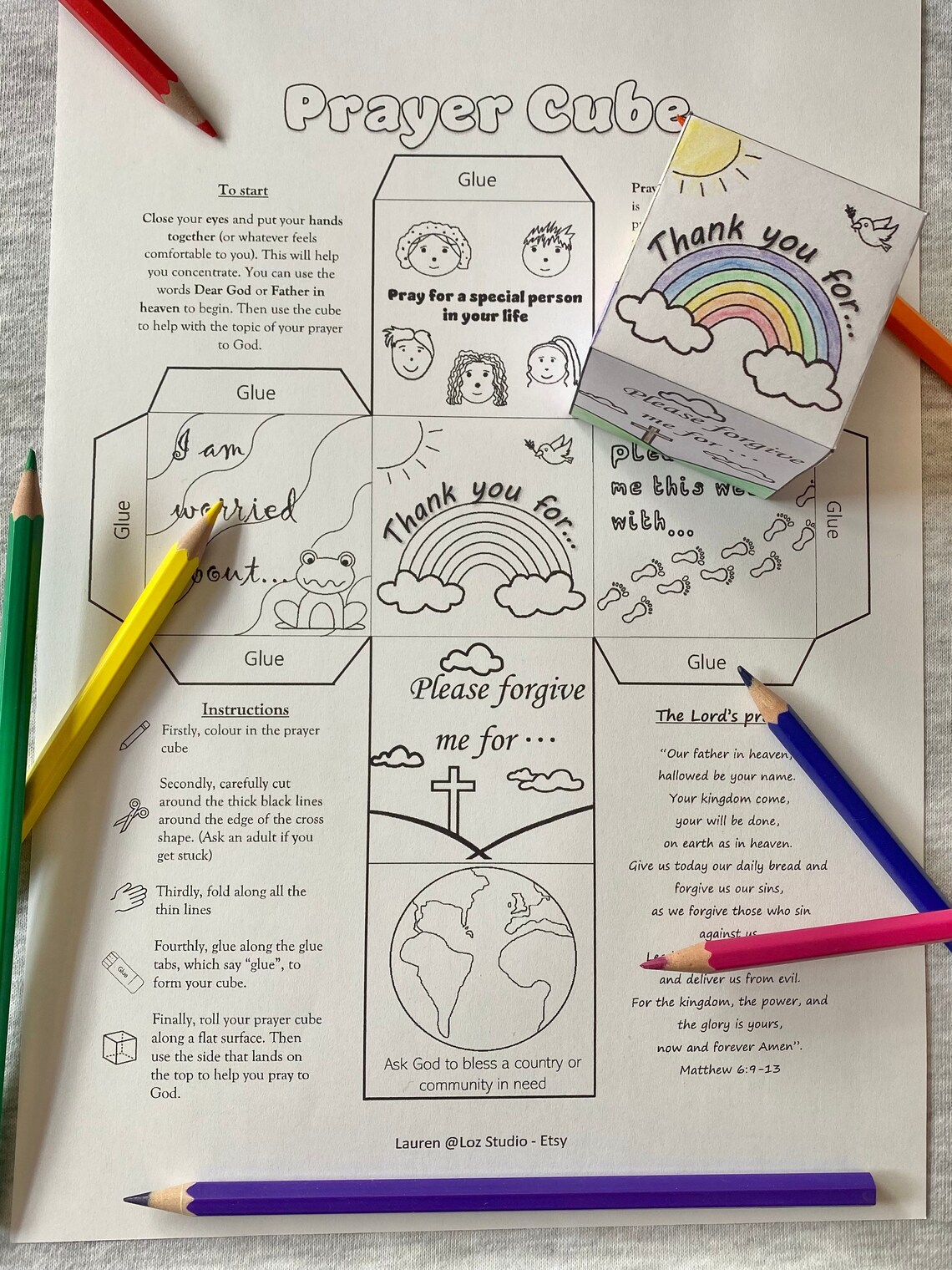 Prayer Cube Printable Activity Colouring UK Etsy