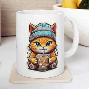 Orange Cat in Beanie with Iced Coffee Mug, Funny Cat Lover Gift, Coffee Cat Mom Cup, Cute Cozy Fall Mug, Orange Cat Parent Gift