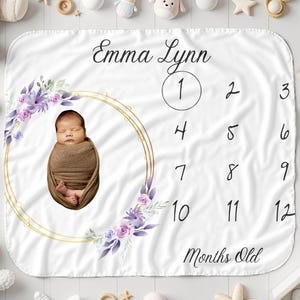 Purple Floral Baby Milestone Blanket: Custom Name, Photo Prop