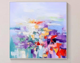 Large Abstract Floral Oil Painting: Textured Palette Knife Canvas Art