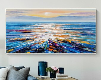 Large Modern Abstract Original Palette Knife Sunrise Ocean View oil painting Colorful Living Room Wall Decor Textured Sunset Seaview