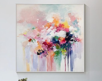 Framed Abstract Floral Oil Painting: Heavy Texture Palette Knife Art