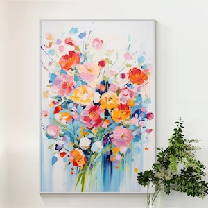 油絵 専用 カラフルな花瓶のお花 抽象画 カラフルな花瓶 - ハンドメイドパレットナイフフラワー油絵