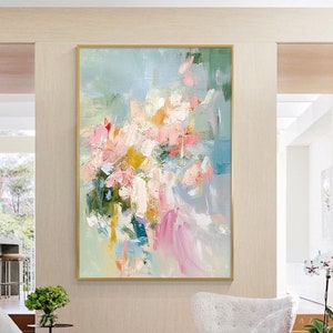 Large Abstract Original Floral Palette Knife Rich textured Artwork Soft Flowers Blue tone Pink Green Oil painting On Canvas living room art