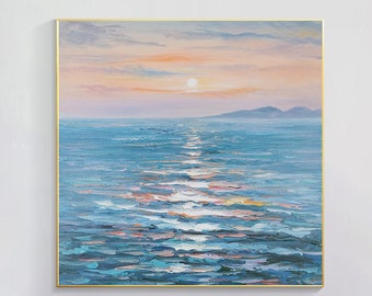 Large Abstract Ocean View Painting: Palette Knife Sunrise, Heavy Texture