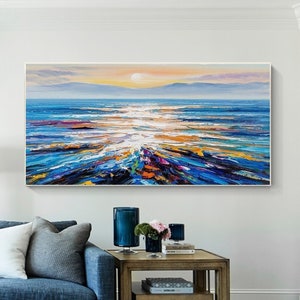 Large Modern Abstract Original Palette Knife Sunrise Ocean View oil painting Colorful Living Room Wall Decor Textured Sunset Seaview image 1