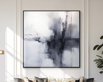 Large Abstract Frame Black and White landscape Modern Square Oil Painting Living Room Wall Art Contemporary Wall Decor Minimalist Wall Art