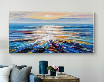 Large Modern Abstract Original Palette Knife Sunrise Ocean View oil painting Colorful Living Room Wall Decor Textured Sunset Seaview