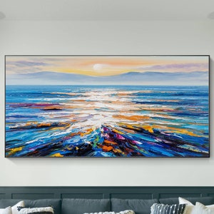 Large Modern Abstract Original Palette Knife Sunrise Ocean View oil painting Colorful Living Room Wall Decor Textured Sunset Seaview image 2