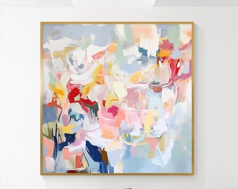Framed Abstract Floral Oil Painting: Heavy Texture Palette Knife Art