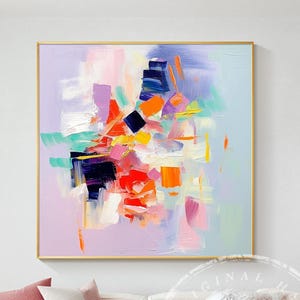Large Abstract Colorful Oil Painting Flowers Palette Knife Dopamine Acrylic Floral On Canvas Texture Framed Living room Playful Wall Art