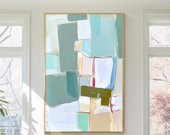 Modern Abstract Painting, Soft Pastel Geometric Wall Art, Handmade Canvas