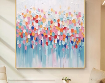 Large Abstract Floral Oil Painting: Colorful Palette Knife Texture