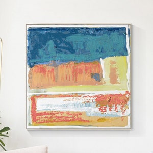 Grande peinture à l&#39;huile abstraite : oeuvre d&#39;art texturée au couteau, bleu et orange