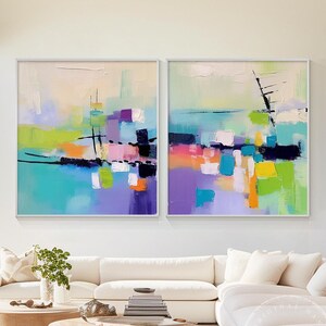 Set of 2 Abstract Palette Knife Oil Paintings: Colorful Textured Wall Art