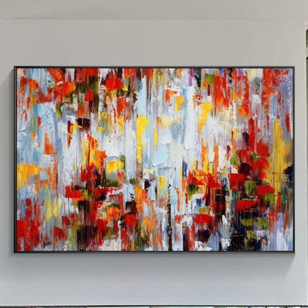 Large Abstract Flowers Palette Knife Original Oil Painting On Canvas Red Yellow Green White Floral Heavy Texture Wall art Modern Decor