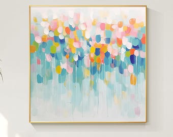 Large Abstract Floral Oil Painting: Colorful Palette Knife Texture, Framed