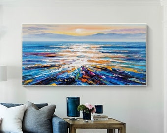 Large Modern Abstract Original Palette Knife Sunrise Ocean View oil painting Colorful Living Room Wall Decor Textured Sunset Seaview