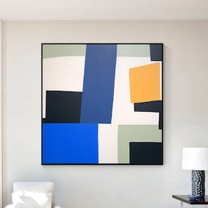 青と黄色の抽象油絵、オリジナルキャンバスアート（12x16インチ