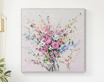 Framed Floral Oil Painting: Heavy Texture Palette Knife Art