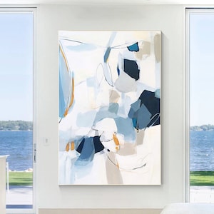 Large Abstract Original Navy Blue White Minimalist Wall art Oil Painting On Canvas Modern Contemporary Wall Art Oversize Framed Wall decor