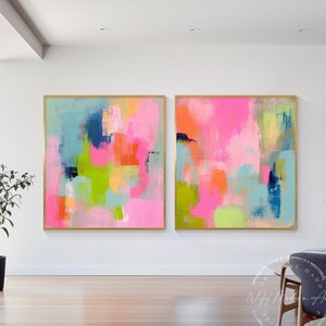 Set of 2 Large Abstract Brush Stroke Canvas Wall Art: Pink & Blue