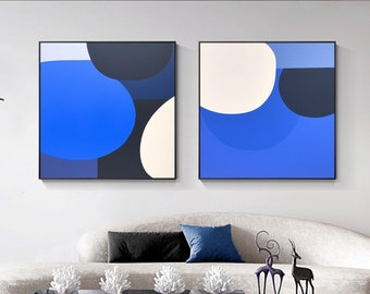 Abstract Blue Geometric Oil Painting Set: Modern Color Block Canvas Art