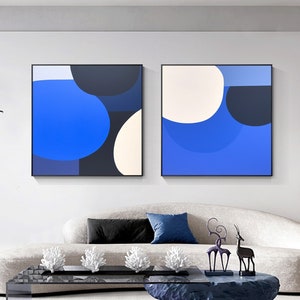 Abstract Blue Geometric Oil Painting Set: Modern Color Block Canvas Art