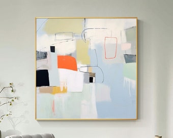 Modern Abstract Original pastel blue White  Playful Expression Large Oil painting on Canvas Soft living room wall art Minimalist