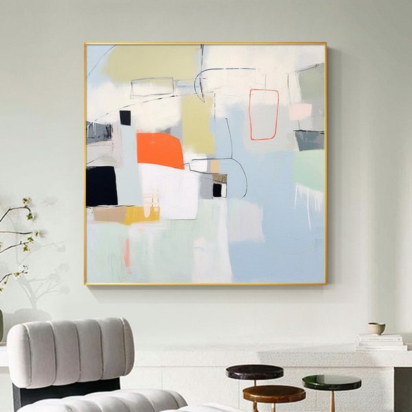 Moderne abstrait original bleu pastel blanc expression ludique grande peinture à l'huile sur toile doux salon art mural minimaliste